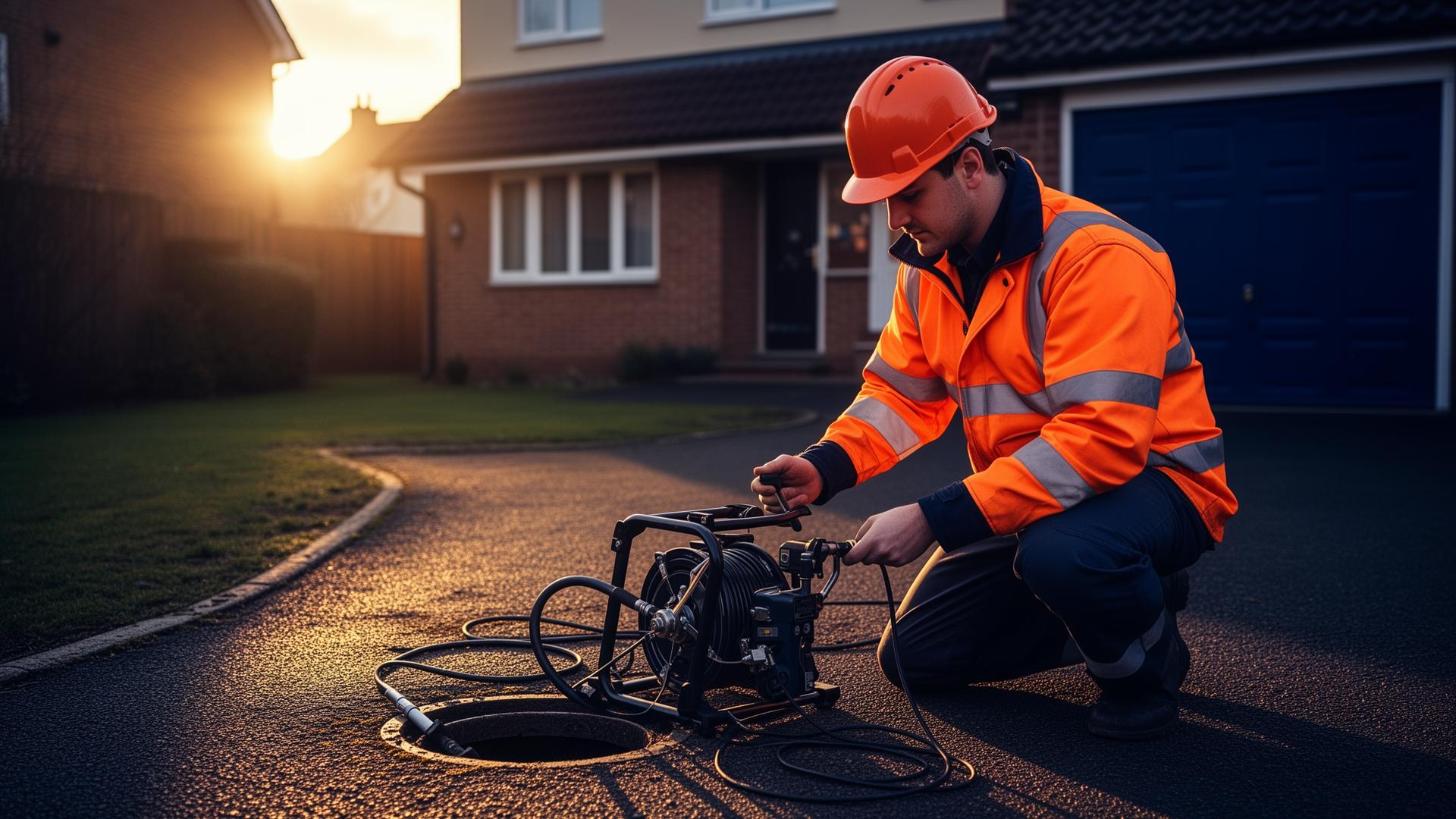 Drainage engineer carrying out a CCTV drain inspection at a UK property